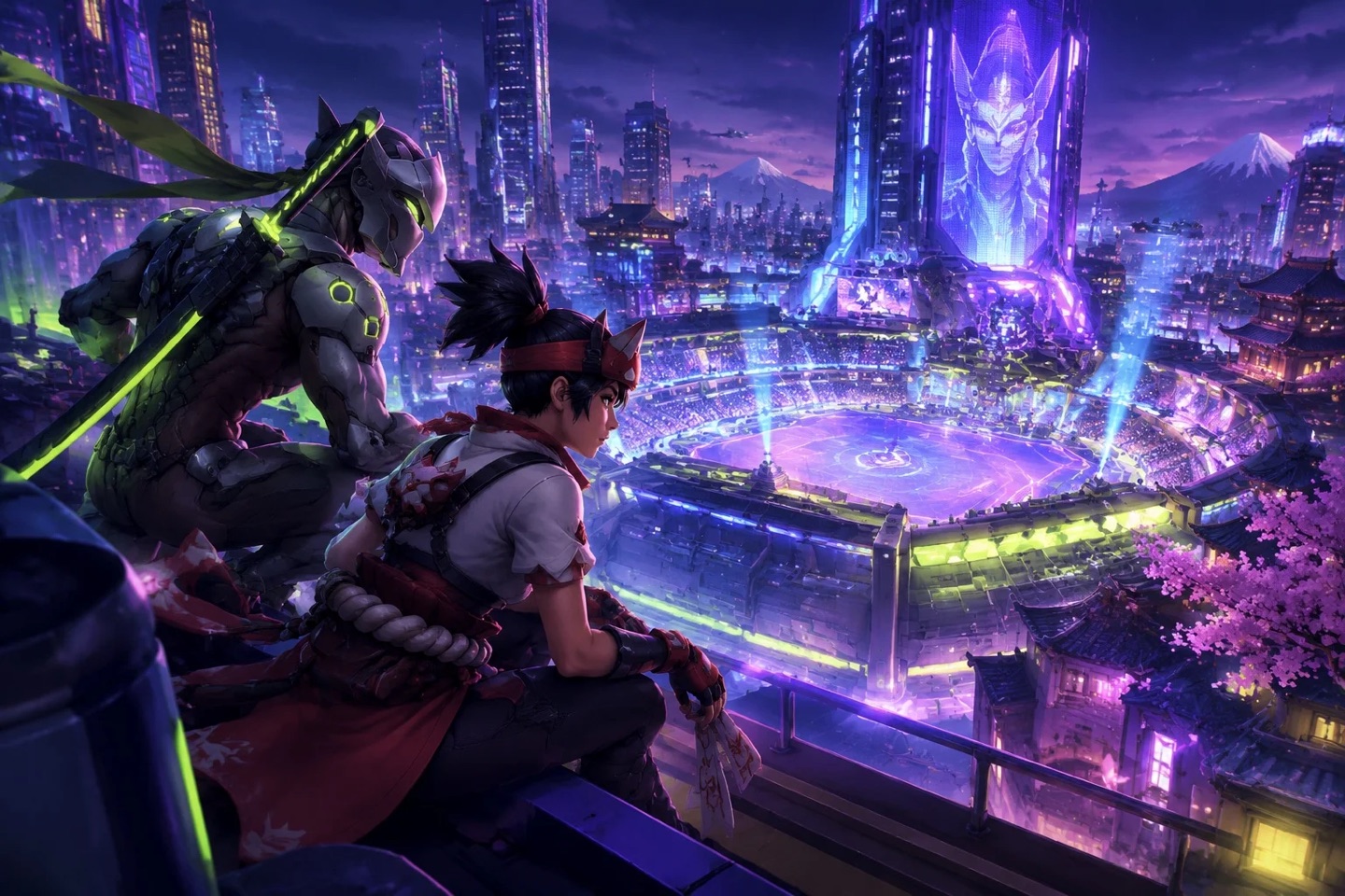 Original fan illustration of Overwatch heroes working together in a futuristic arena